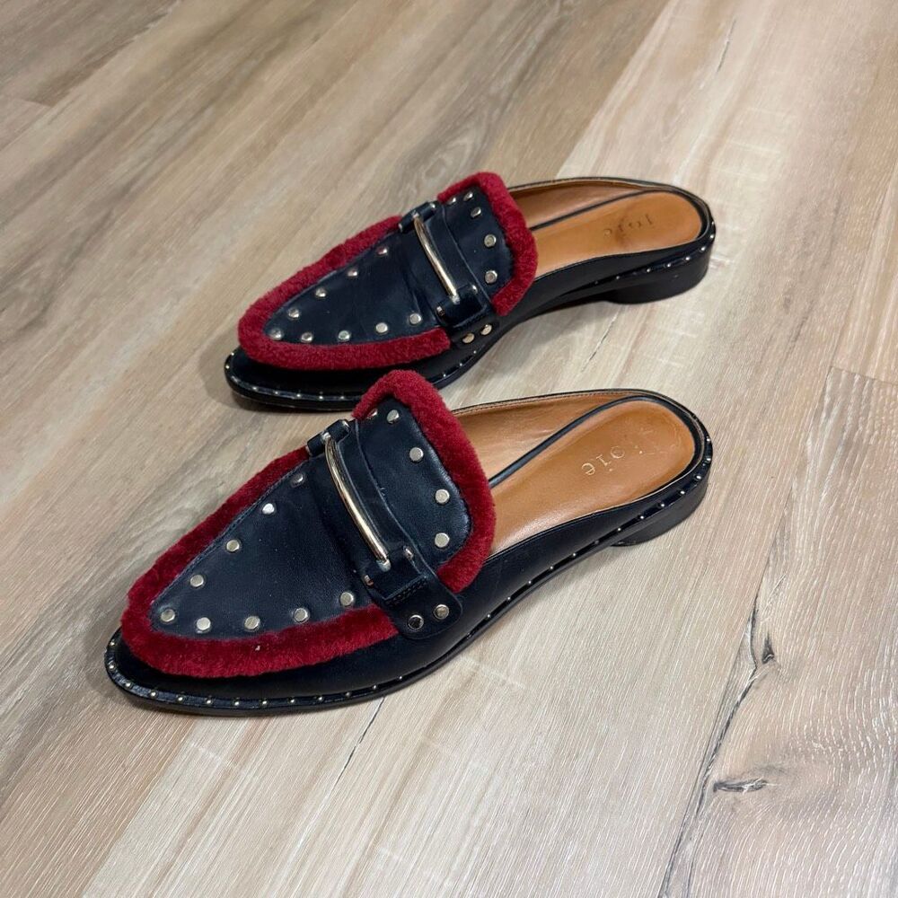 JOIE Womens Taren Loafer Genuine Shearling Trim Slip On Leather Studs Mules Sz 8